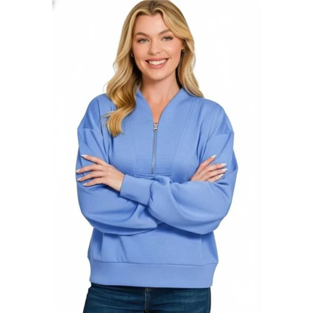 Zenana Scuba Half Zip Drop Shoulder‎ Sweatshirt - Picture 2 of 4